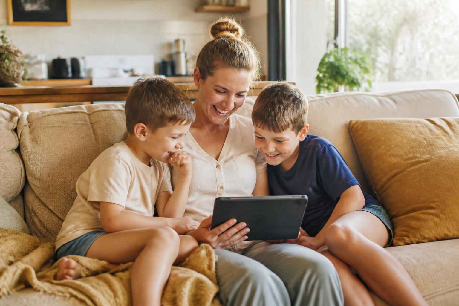 A mom on the couch with her two primary-school-age sons, all looking at a tablet together in a warm family living room.